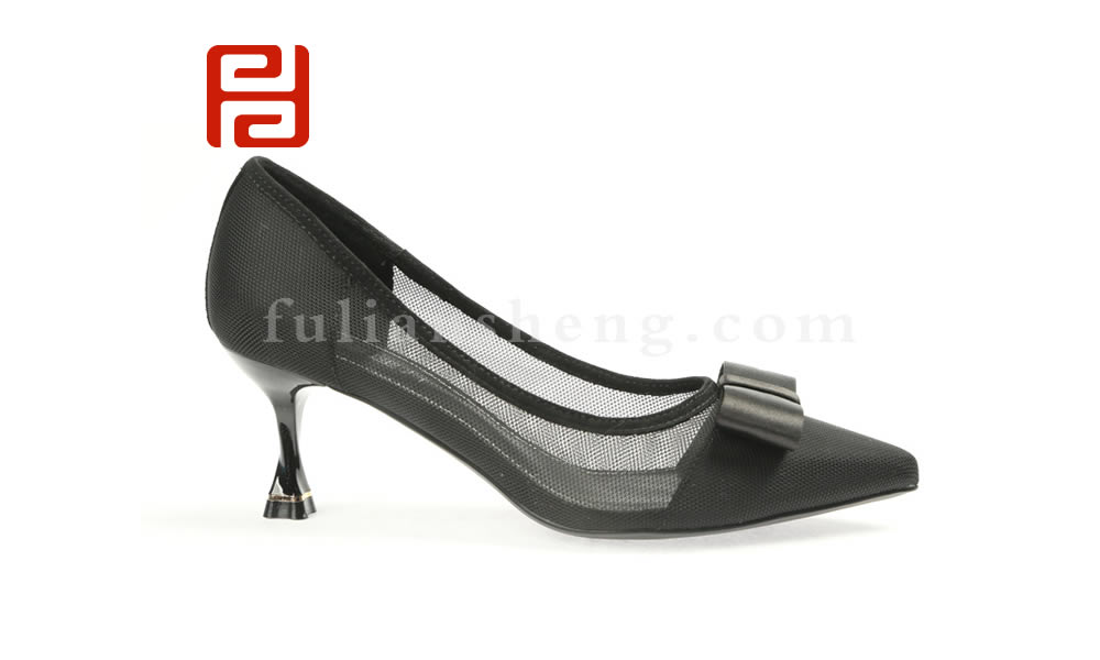 福連升黑色蝴蝶結網紗高跟鞋 女尖頭細跟鏤空工作單鞋圖片