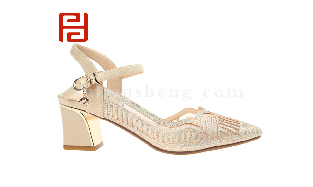 福連升水鉆百搭女鞋 一字帶尖頭中跟網紗粗跟涼鞋圖片