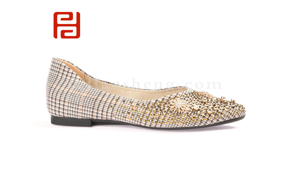 福連升民國風格子布單鞋女鑲鉆淺口尖頭鞋平底瓢鞋(圖2)